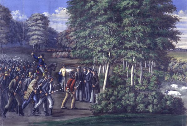Far West, Missouri, October 31, 1838: Joseph and other leaders taken prisoner under a flag of truce, as Christensen painted it.