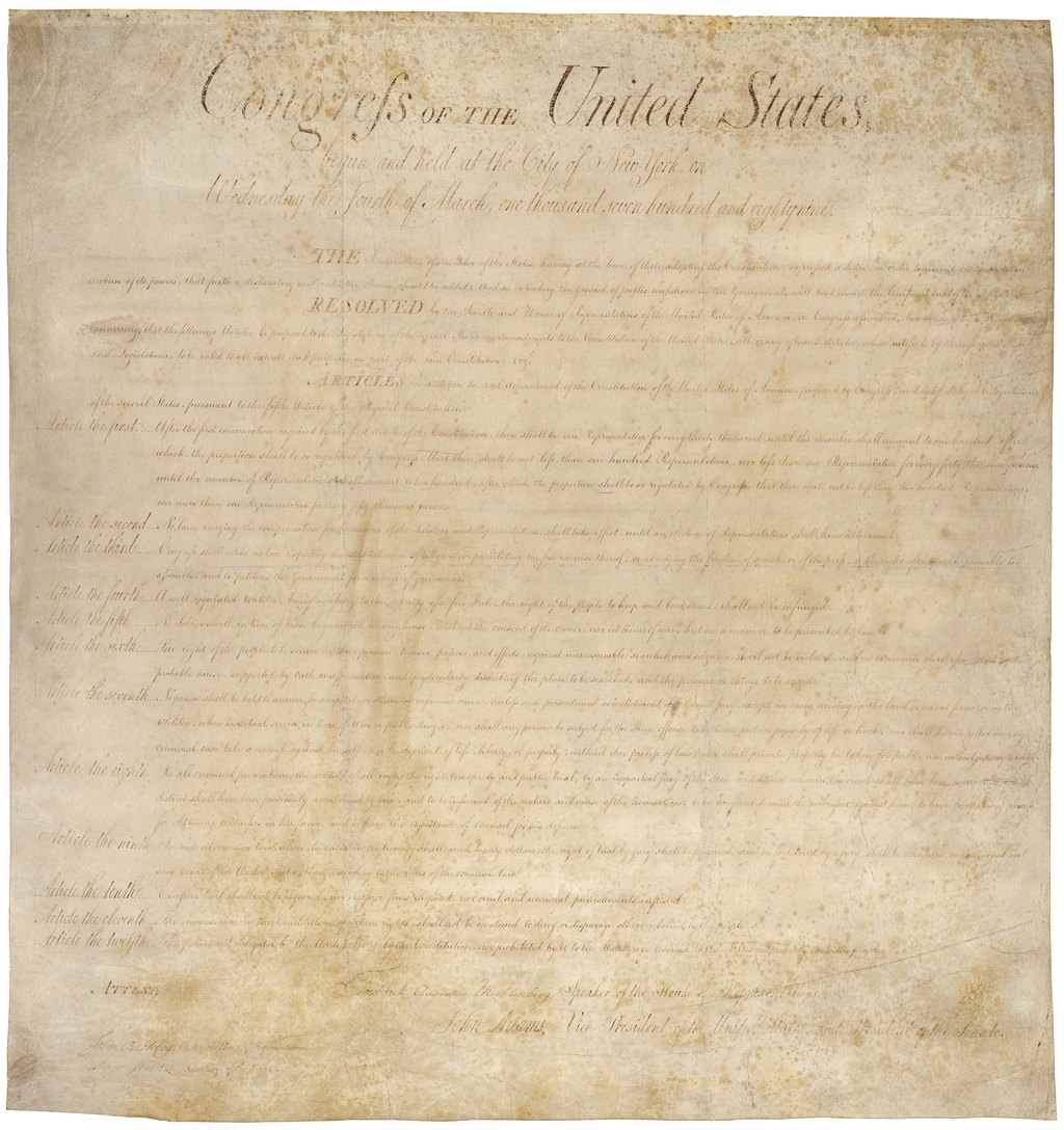 The amendments Congress sent to the states on September 25, 1789; the article on religion was ratified in 1791 as the First Amendment.