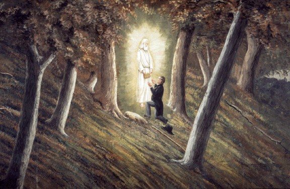 The angel Moroni and Joseph Smith at the hill, as C.C.A. Christensen painted the scene in the nineteenth century.
