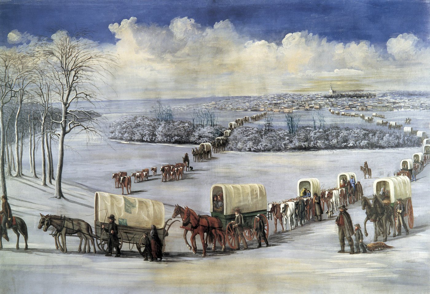 The Saints leave Nauvoo across the frozen Mississippi in February 1846, with the city and temple behind them.