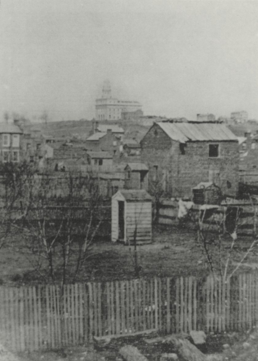 Nauvoo about 1846, with the temple on the bluff in the distance. One of the earliest photographs of the city.