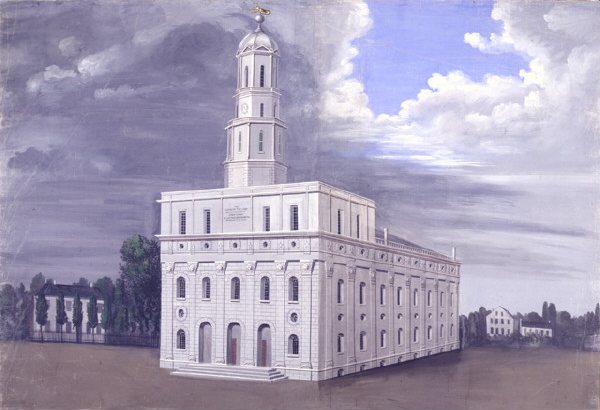 The Nauvoo Temple on the bluff above the city, as Christensen painted it.