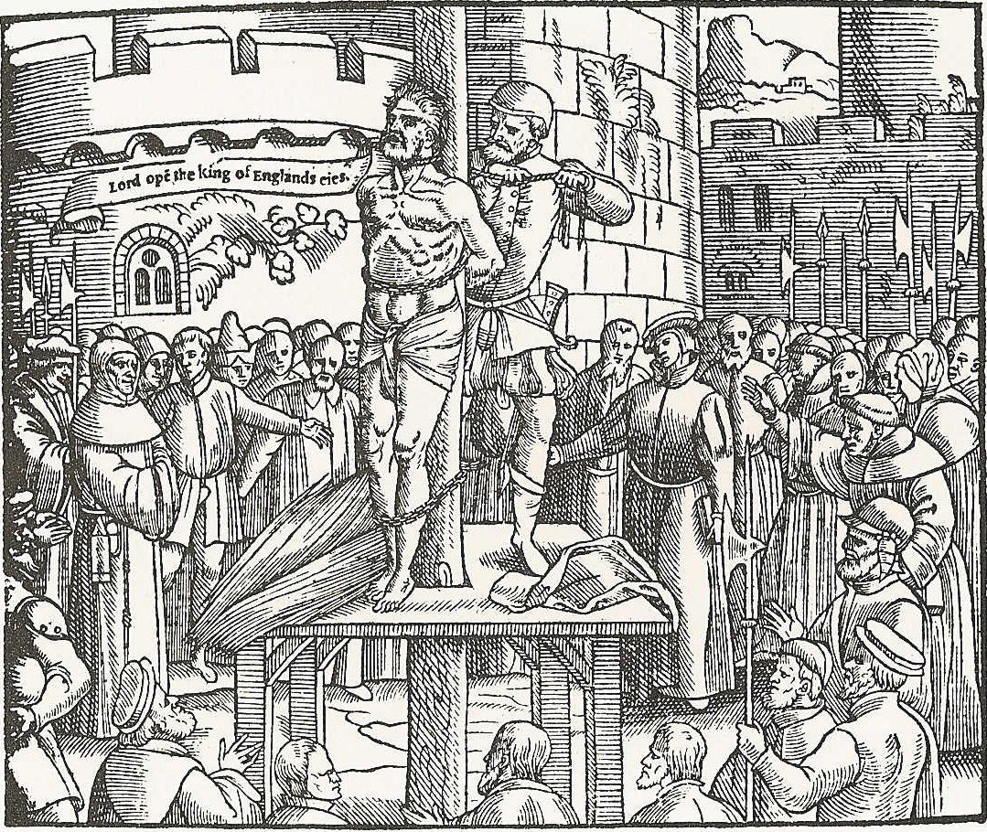 Tyndale's execution at Vilvoorde, from the woodcut in John Foxe's Actes and Monuments (the Book of Martyrs).