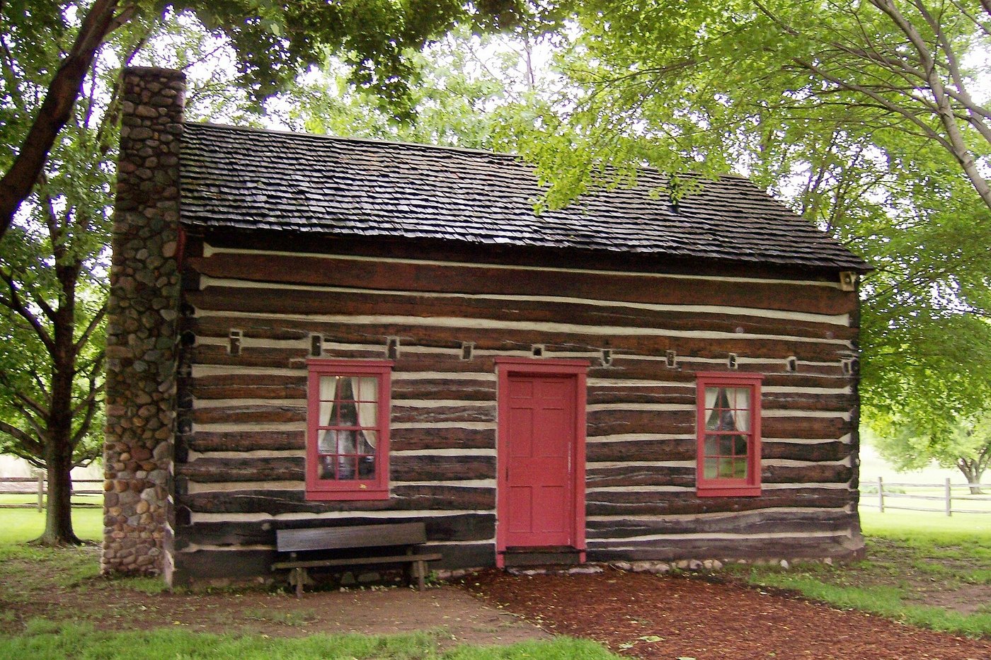 The reconstructed Whitmer log home at the Peter Whitmer Farm, Fayette, New York (photographed 2006).